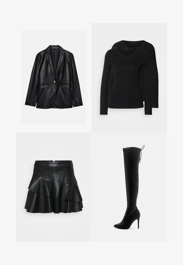 Svart läderblazer med kavajkrage, enkel guldkknapp, två framfickor och slät yta. Inre foder är mörkt.; Två svarta långärmade tröjor med V-ringning, tillverkade av mjukt, stretchy tyg, som visar en slät textur och en figursydd form.; Svart läder mini kjol med en åtsittande midja och tre lager volanger, med en slät textur och dold bakdragkedja.; Svarta stövlar över knäet i slät syntetisk material, med spetsig tå, hög stilettklack och justerbara snörningar upptill.