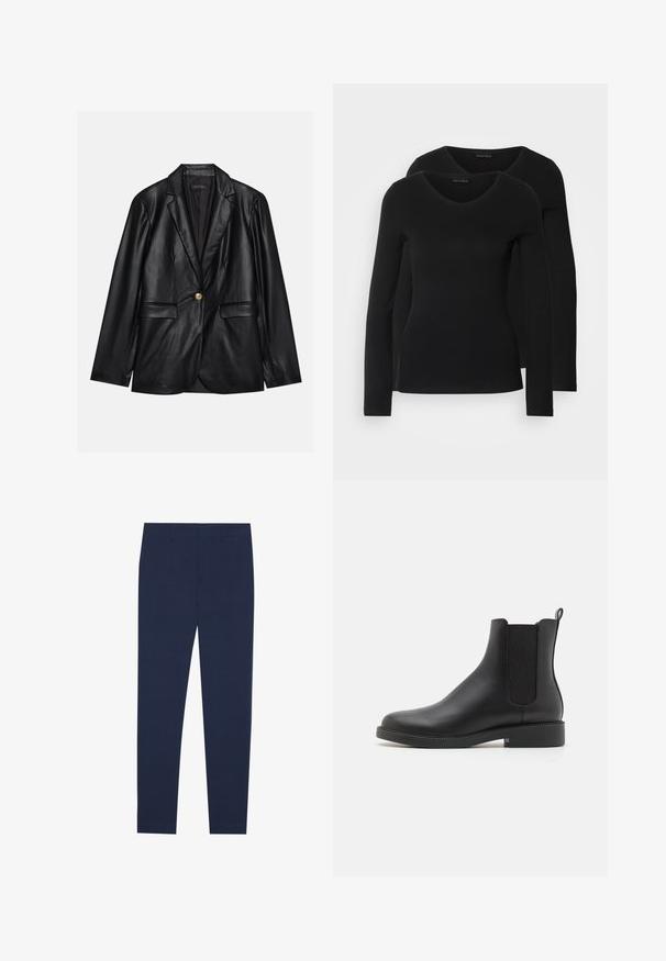 Svart skinnblazer med klaffkrage, en enkelt gullknapp-lukking, to frontlommer og glatt finish. Innertrekket er mørkt.; To svarte langermede skjorter med V-halsdesign, laget av mykt, elastisk stoff, viser jevn tekstur og en tettsittende fasong.; Marineblå bukser laget av glatt stoff, med en rett ben-design og flat front. Ingen synlige mønstre eller detaljer.; Svart lær ankelstøvel med elastiske sidepaneler, avrundet tå, lav blokkhæl, og en løkke bak for enkel påkledning.