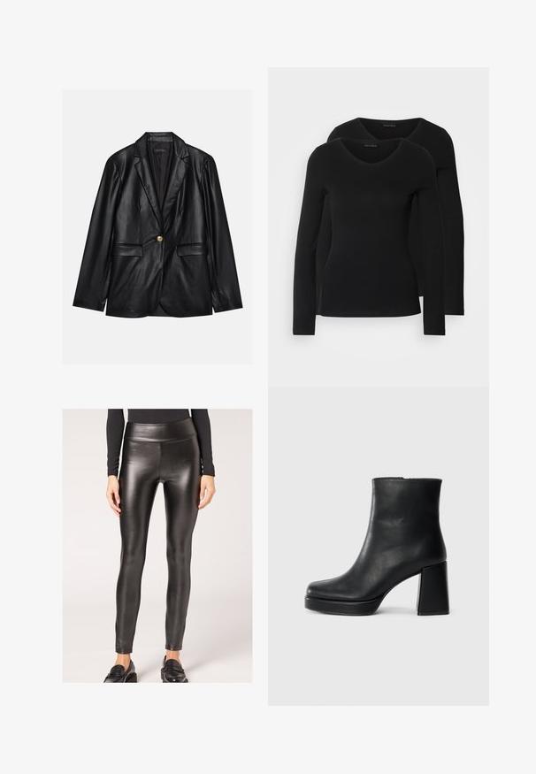 Sort læderblazer med klapkrave, enkelt guldknaplukning, to forlommer og glat finish. Inderlinningen er mørk.; To sorte langærmede t-shirts med V-hals-design, lavet af blødt, strækbart stof, som viser en glat tekstur og en tætsiddende pasform.; Sorte faux læder leggings med høj talje, en glat tekstur og tætsiddende design, der har en strømlinet silhuet og minimal udsmykning.; Sort læder ankelstøvle med blokhæl og platformssål, set fra siden på en ensfarvet hvid baggrund.