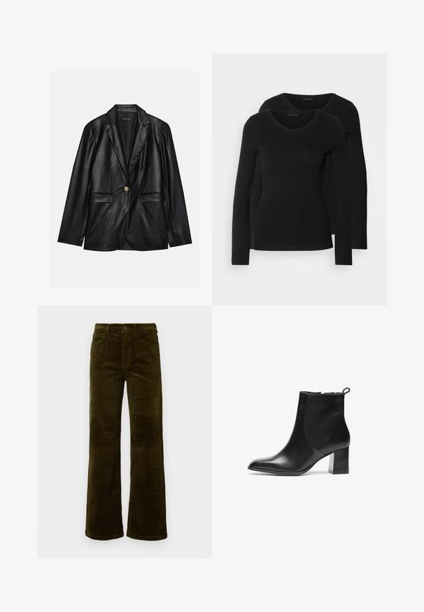 Sort læderblazer med klapkrave, enkelt guldknaplukning, to forlommer og glat finish. Inderlinningen er mørk.; To sorte langærmede t-shirts med V-hals-design, lavet af blødt, strækbart stof, som viser en glat tekstur og en tætsiddende pasform.; Fløjel flared bukser i dyb olivengrøn. Har fem lommer, en knaplukning og lodrette ribbede strukturer. Standard pasform med et klassisk design.; Sorte læder ankelstøvler med en rund tå, en mellemhøj blokhæl og en løkke bagpå. Glat tekstur, minimalistisk design.