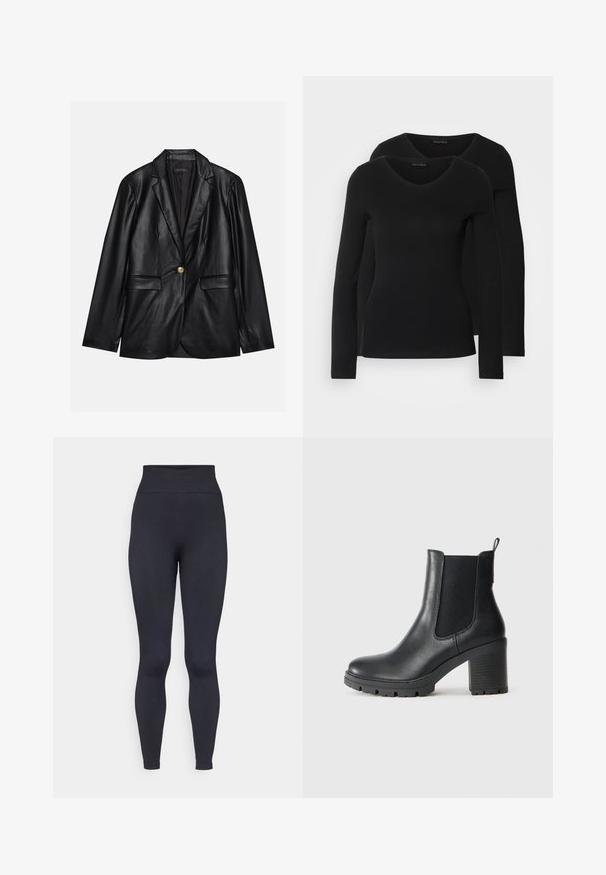 Black leather blazer with a notched lapel, single gold button closure, two front pockets, and smooth finish. Inner lining is dark.; Two black long-sleeve shirts with a V-neck design, made of soft, stretchy fabric, showing smooth texture and a fitted shape.; High-waisted black leggings made of stretchy, smooth fabric. Features a fitted design and seamless edges for comfort and flexibility.; Black leather ankle boot with elastic side panels, chunky rubber sole, and a high block heel. Features a pull tab on the back.