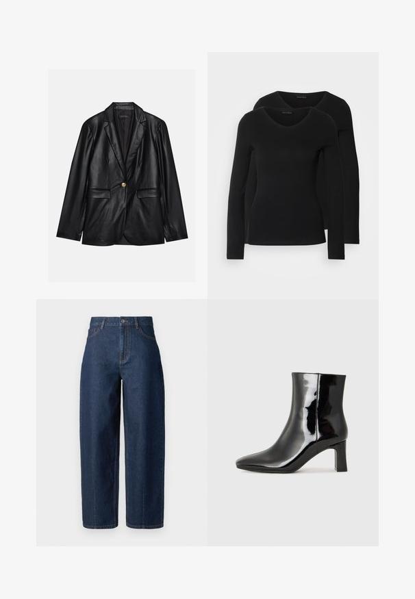 Black leather blazer with a notched lapel, single gold button closure, two front pockets, and smooth finish. Inner lining is dark.; Two black long-sleeve shirts with a V-neck design, made of soft, stretchy fabric, showing smooth texture and a fitted shape.; Dark blue high-waisted straight-leg denim jeans with button closure, belt loops, and front and back pockets on a white background.; Black patent leather ankle boot with a pointed toe and a mid-height block heel. Smooth texture and minimalist design.