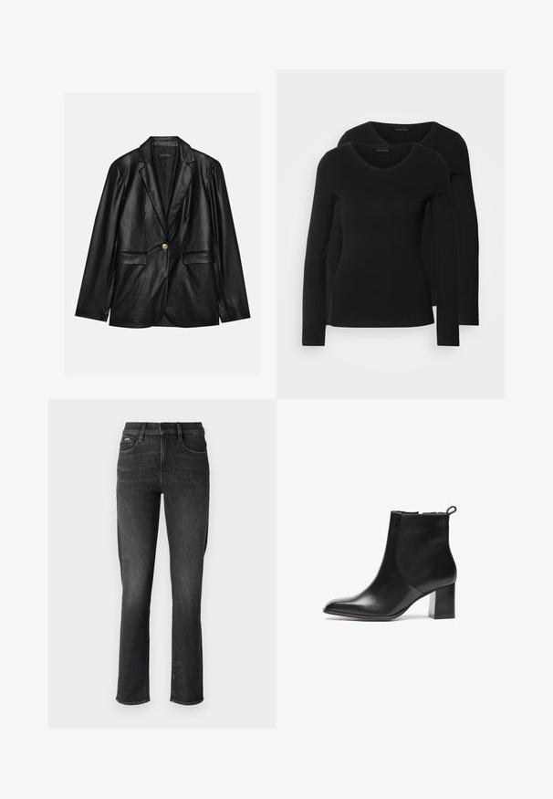 Blazer em couro preto com lapela recortada, fecho de um único botão dourado, dois bolsos frontais e acabamento suave. O forro interior é escuro.; Duas camisetas pretas de manga longa com design em V, feitas de um tecido macio e elástico, apresentando uma textura suave e um formato ajustado.; Jeans de ganga preta com um design de perna reta, apresentando uma cintura padrão, cinco bolsos e detalhes de costura discretos.; Bota de tornozelo em pele preta com bico arredondado, um salto bloco de altura média e uma aba de puxar na parte de trás. Textura suave, design minimalista.