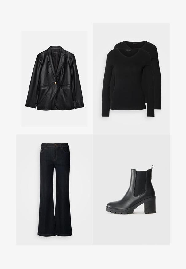 Černý kožený blazer s klopami, jedním zlatým zapínáním, dvěma předními kapsami a hladkým povrchem. Vnitřní podšívka je tmavá.; Dvě černé dlouhé rukávy trička s výstřihem do V, vyrobené z měkkého, elastického materiálu, s hladkou texturou a přiléhavým střihem.; Mos Mosh DELUXE - Džíny Relaxed Fit - dark blue; Černá kožená kotníková obuv s elastickými bočními panely, masivní gumovou podrážkou a vysokým blokovým podpatkem. Obsahuje poutko na zadní straně.