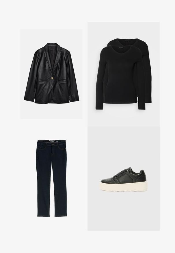 Blazer em couro preto com lapela recortada, fecho de um único botão dourado, dois bolsos frontais e acabamento suave. O forro interior é escuro.; Duas camisetas pretas de manga longa com design em V, feitas de um tecido macio e elástico, apresentando uma textura suave e um formato ajustado.; Jeans de perna reta em azul escuro feitos de denim. Apresenta cinco bolsos, costura laranja em contraste e uma etiqueta na cintura com o nome da marca.; Sapatilha de couro preta com uma textura suave, sola grossa de cor creme, bico redondo e design clássico de atacadores. Detalhes de costura subtis.