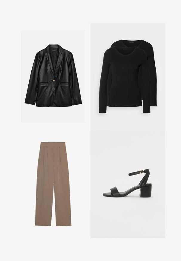 Sacou din piele neagră cu rever ascuțit, închidere cu un singur nasture auriu, două buzunare frontale și finisaj neted. Captuseala interioară este de culoare închisă.; Două cămăși negre cu mâneci lungi și decolteu în V, fabricate dintr-un material moale și elastic, cu o textură netedă și o formă ajustată.; Pantaloni plisati maro cu un design cu picioare largi, având un brâu plat și buzunare laterale, confecționați dintr-un material ușor.; Sandale cu toc înalt negre, cu un superior din piele netedă, vârf deschis, curele frontale late și curea pentru gleznă ajustabilă cu detaliu din aur.