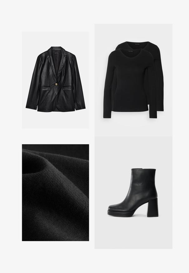 Melnas ādas žakete ar ieliektām atlokām, vienu zelta pogu aizdari, divām priekšējām kabatām un gludu apdari. Iekšējā odere ir tumša.; Divi melni krekli ar garām piedurknēm un V-veida kakla izgriezumu, izgatavoti no mīksta, elastīga auduma, ar gludu tekstūru un pieguļošu formas.; Melns audums ar gludu tekstūru un smalku spīdumu, kas raksturots ar diagonālu pinuma rakstu un mīkstu, elastīgu kritumu.; Melna ādas potīšu zābaku ar bloku papēdi un platformas zoli, skatīts no sāna uz vienkārša balta fona.