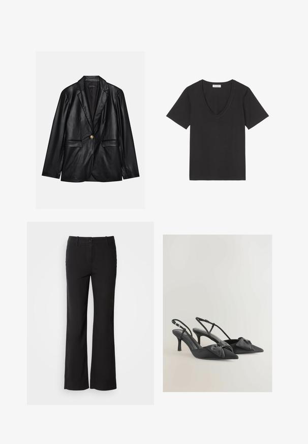 Schwarze Lederblazer mit Reverskragen, einem einzelnen goldenen Knopfverschluss, zwei Vorderaschen und glatter Oberfläche. Futter ist dunkel.; Schwarzes Baumwoll-T-Shirt mit V-Ausschnitt und kurzen Ärmeln. Verfügt über eine glatte Textur und einen schlichten Schnitt ohne Muster oder Akzente.; Schwarze Baumwollmischungshose mit geradem Bein, vorderem Knopfverschluss und zwei Seitentaschen. Glatte Textur, keine sichtbaren Muster.; Schwarze Satin-Slingback-Absätze mit spitzen Zehen, kleinen Schleifen auf dem Blatt und schmalen Absätzen. Verfügt über verstellbare Knöchelriemen.