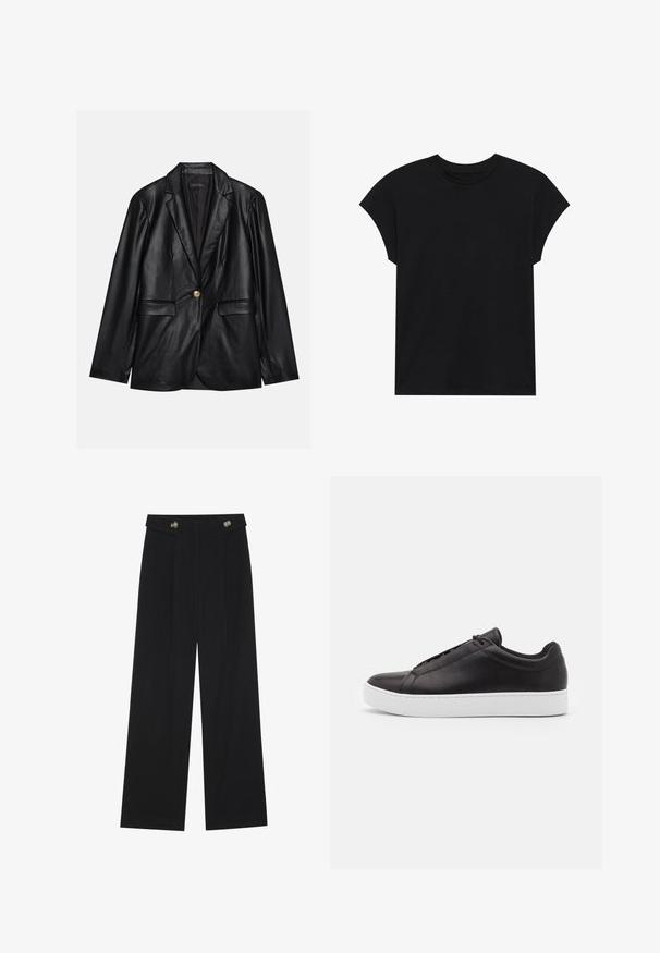 Black leather blazer with a notched lapel, single gold button closure, two front pockets, and smooth finish. Inner lining is dark.; Black cotton t-shirt with a round neckline, short sleeves, and a relaxed fit. Smooth texture and no visible patterns or embellishments.; Black wide-leg trousers with high waist, button details on waistband, and front pleats.; Black leather sneakers with a smooth finish, featuring a low-top design and a thick white rubber sole. Subtle stitching details on the side.