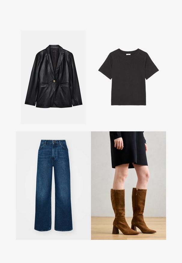 Fekete bőr blézer, kihajtott gallérral, egyetlen arany gombbal záródik, két elülső zsebbel rendelkezik, és sima felülettel bír. Belső bélése sötét színű.; Fekete póló, puha anyagból készült, kerek nyakkivágással és rövid ujjakkal. A dizájn egyszerű, nem tartalmaz látható mintákat vagy díszítéseket.; Magas derekú, széles szárú farmernadrág sötétkék denimből, sima tapintással, kontrasztos varrással és öt zsebes kialakítással. Elöl gombos záródás.; ÁNGEL ALARCÓN Csizmák - mogano