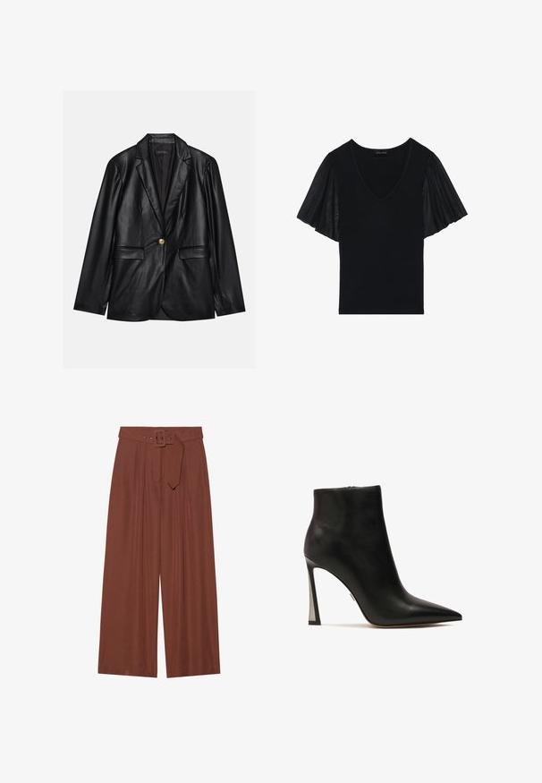 Sacou din piele neagră cu rever ascuțit, închidere cu un singur nasture auriu, două buzunare frontale și finisaj neted. Captuseala interioară este de culoare închisă.; Top negru cu decolteu în V și mâneci billowing dintr-un material transparent. Corpul principal are o textură solidă, cu detalii accentuate la manșoane.; Pantaloni evazați din țesătură maro, prevăzuți cu un curea cu cataramă pătrată, design pliat și textură netedă.; Kazar VERA - Pantofi clasici cu toc - black