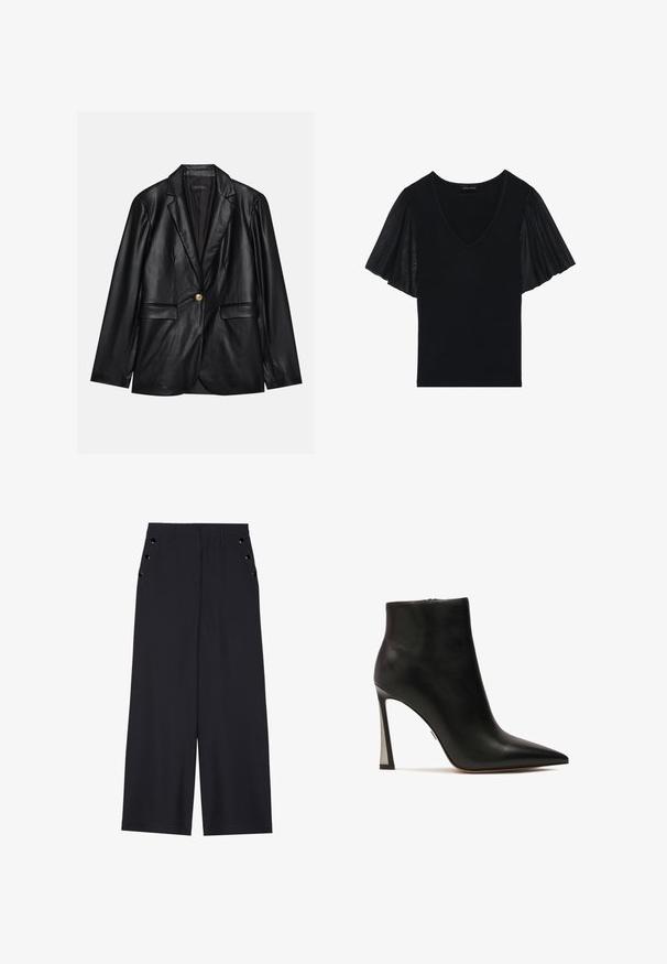 Černý kožený blazer s klopami, jedním zlatým zapínáním, dvěma předními kapsami a hladkým povrchem. Vnitřní podšívka je tmavá.; Černý top s V-výstřihem a lehkými rukávy vyrobený z průhledné látky. Hlavní část je v jednolité textuře, s důrazem na detail rukávů.; Široké kalhoty z tmavě námořnické látky, s hladkou texturou, předními sklady a dekorativními zlatými nýty na bočních kapsách.; Kazar VERA - Klasické lodičky - black