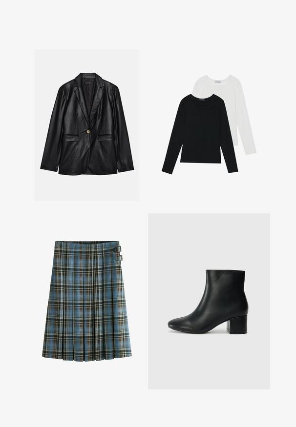 Čierny kožený blejzer s vykrojeným reverzom, jedným zlatým gombíkom, dvomi prednými vreckami a hladkým povrchom. Vnútorné podšívka je tmavá.; Dvoje dlhých rukávov, jedny čierne a jedny biele, s hranatým výstrihom a vyrobené z mäkkého, elastického materiálu.; Károvaná sukňa v odtieňoch modrej, hnedej a čiernej. Obsahuje skladanie a dva čierne pracky na páse. Vyrobená z textilu z tkaného materiálu.; Čierne kožené členkové čižmy s špicatou špičkou a hrubým podpätkom. Hladká textúra s minimálnymi akcentmi a elegantným, priliehavým dizajnom.