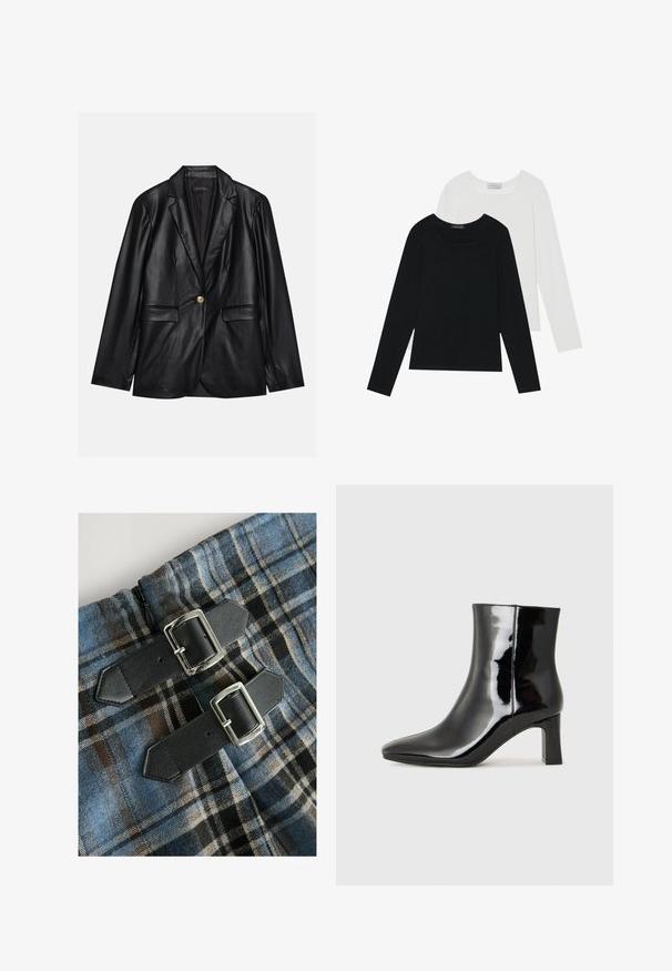 Sort læderblazer med klapkrave, enkelt guldknaplukning, to forlommer og glat finish. Inderlinningen er mørk.; To lange skjorter med lange ærmer, en sort og en hvid, begge med firkantet halsudskæring og lavet af blødt, strækbart stof.; Rutmønstret tekstil i blå, brun og sort farve, med to sorte PU-læderremme med sølvspænder i taljen. Lynlåsen er synlig.; Sort lakeret ankelstøvle med spids tå og en midt-højde blokhæl. Glat tekstur og minimalistisk design.