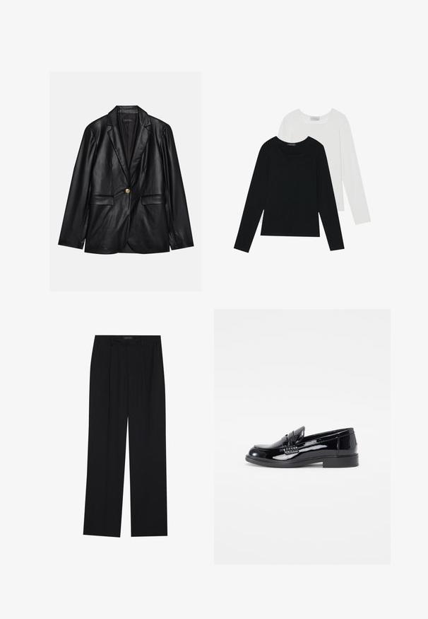 Mustapitsin takki, jossa on viiksikäänteet, yksittäinen kultaknoppi, kaksi etutaskua ja sileä pinta. Sisävuori on tumman värinen.; Kaksi pitkähihainen paitaa, yksi musta ja yksi valkoinen, molemmat neliönmallisella kaula-aukolla ja pehmeästä, joustavasta kankaasta valmistettu.; Mustat housut suoralla lahkeella, joissa on kaksi etutaskua ja vyötärö. Valmistettu sileästä, kevyestä kankaasta.; Musta lakattu nahkakengät, joissa on pyöreä varvastyyppi, kohotettu sauma ja litteä kumipohja. Tasainen pinta kiiltävällä viimeistelyllä.