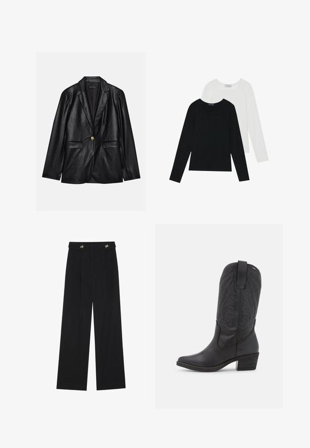 Melnas ādas žakete ar ieliektām atlokām, vienu zelta pogu aizdari, divām priekšējām kabatām un gludu apdari. Iekšējā odere ir tumša.; Divi ilgiem piedurknēm tops, viens melns un otrs balts, abiem ir kvadrāta izgriezums un tie ir izgatavoti no mīksta, elastīga auduma.; Melnas platās bikses ar augstu jostasvietu, pogu detaļām uz jostas un priekšējām krokām.; mtng TEO - Kovboju/motociklistu tipa zābaki - black