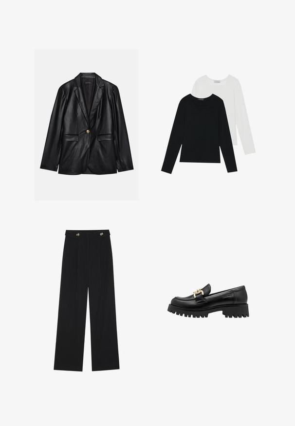 Sort læderblazer med klapkrave, enkelt guldknaplukning, to forlommer og glat finish. Inderlinningen er mørk.; To lange skjorter med lange ærmer, en sort og en hvid, begge med firkantet halsudskæring og lavet af blødt, strækbart stof.; Sorte vide bukser med høj talje, knapdetaljer på taljebåndet og frontfald.; Sort læderloafer med en kraftig gummisål, der har en dekorativ guld kædeakcent foran. Glat tekstur med en afrundet tå.