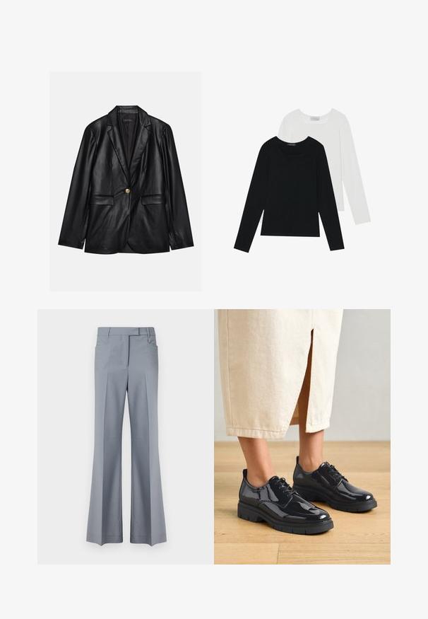 Black leather blazer with a notched lapel, single gold button closure, two front pockets, and smooth finish. Inner lining is dark.; Two long-sleeve tops, one black and one white, both featuring a square neckline and made from soft, stretchy fabric.; Flared light gray trousers with a tailored design, featuring a waistband, two side pockets, and pressed crease details along the front.; Black patent leather shoes with a thick black sole, featuring lace-up design and rounded toes, worn with a light beige skirt.