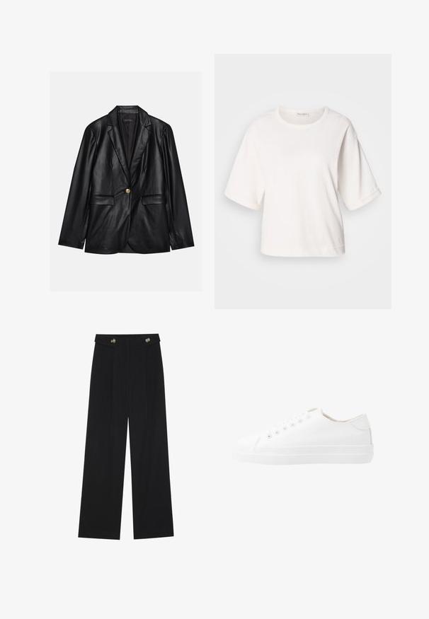 Blazer en cuir noir avec un revers cranté, fermeture à un bouton doré, deux poches avant et finition lisse. Doublure intérieure de couleur sombre.; T-shirt en coton blanc avec une coupe décontractée, des manches courtes retroussées, un col rond et une texture lisse. Design simple et minimaliste.; Pantalons larges noirs à taille haute, avec des détails de boutons à la taille et des plis sur le devant.; Baskets blanches en toile au design bas, bout rond, six œillets et semelle en caoutchouc texturé. Matériau lisse avec des accents minimalistes.