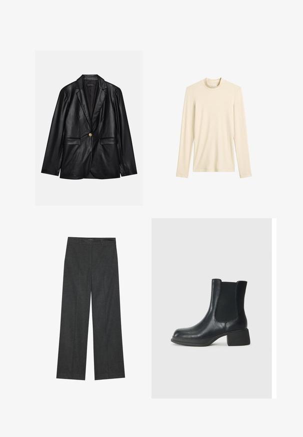 Sort læderblazer med klapkrave, enkelt guldknaplukning, to forlommer og glat finish. Inderlinningen er mørk.; Cremefarvet langærmet strikket top med høj hals, enkel design og synlig varemærkeetiket indeni halsudskæringen.; Mørkeblå bredbenede bukser lavet af tekstureret stof, med flad front, bæltestropper og en ren finish i kanten.; Sort læder ankelstøvle med elastiske sidepaneler, rund tå og en lav blokhæl. Overfladen har en glat struktur og minimal detaljer.