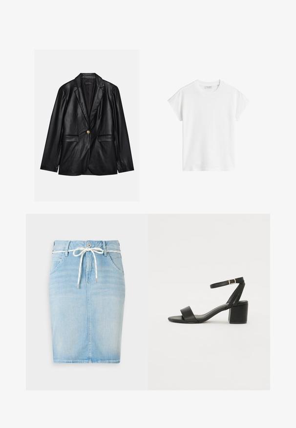 Blazer de cuero negro con solapa muestrada, cierre con un solo botón dorado, dos bolsillos frontales y un acabado suave. El forro interior es oscuro.; Camiseta de algodón de manga corta blanca. Presenta un corte relajado, con cuello redondo y costuras de hombro ligeramente caídas. Sin patrones ni acentos.; Falda de mezclilla azul claro con cintura ajustable, cinco bolsillos y una silueta recta. Presenta un sutil patrón descolorido en toda la prenda.; Sandalia de tacón negro con parte superior de cuero suave, punta abierta, tiras frontales anchas y correa ajustable en el tobillo con detalle de hebilla dorada.