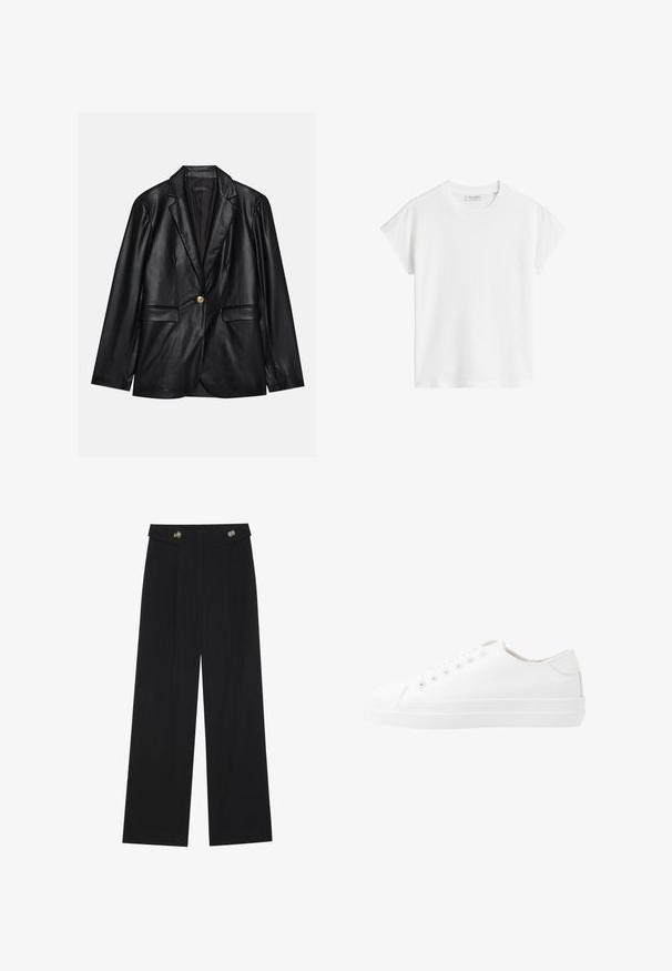 Blazer in pelle nera con revers, chiusura con un bottone dorato, due tasche frontali e finitura liscia. Fodera interna di colore scuro.; T-shirt bianco a maniche corte in cotone. Presenta una vestibilità morbida con scollatura rotonda e spalle leggermente cadenti. Senza fantasie o dettagli.; Pantaloni neri a gamba larga con vita alta, dettagli con bottoni in vita e pieghe frontali.; Sneakers bianchi in tela con design a bassa top, punta rotonda, sei fori per i lacci e suola in gomma texture. Materiale liscio con accenti minimi.