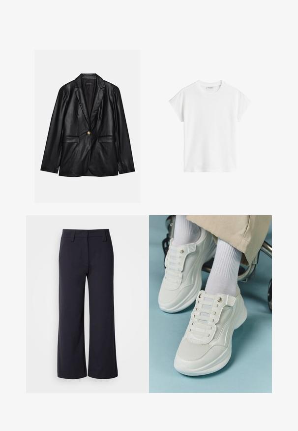 Blazer em couro preto com lapela recortada, fecho de um único botão dourado, dois bolsos frontais e acabamento suave. O forro interior é escuro.; T-shirt branco de manga curta feito de algodão. Apresenta um corte descontraído com decote redondo e costuras de ombro ligeiramente caídas. Sem padrões ou detalhes.; Calças largas de tecido azul marinho escuro. Apresentam uma frente lisa, passantes para cinto e bolsos laterais. O material é suave com um ligeiro alongamento.; Tênis brancos com material em rede, sola de borracha, design sem atacadores com faixas elásticas e detalhes em tom dourado.