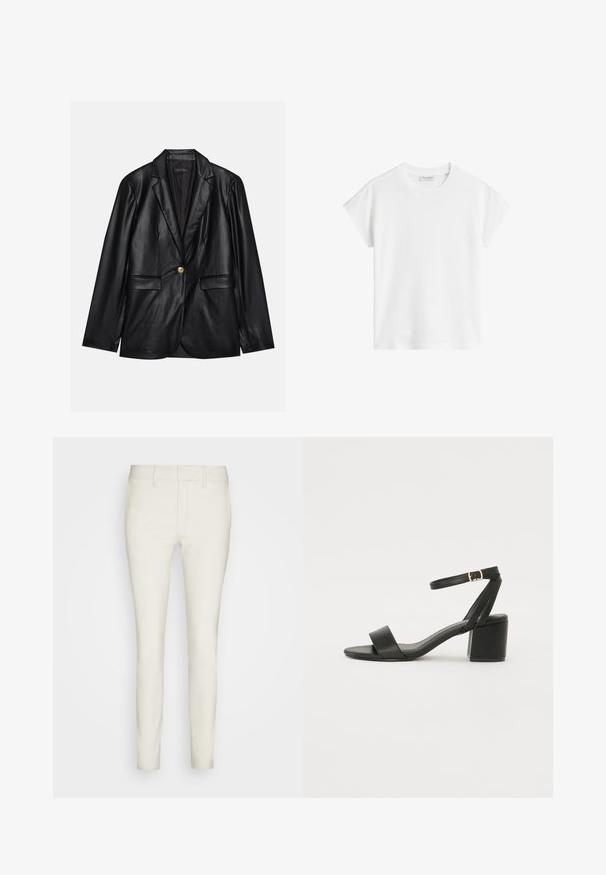 Černý kožený blazer s klopami, jedním zlatým zapínáním, dvěma předními kapsami a hladkým povrchem. Vnitřní podšívka je tmavá.; Bílý krátký rukávový tričko vyrobené z bavlny. Má volný střih s kulatým výstřihem a mírně posunutými ramenními švy. Bez vzorů nebo akcentů.; Světle zbarvené kalhoty slim fit vyrobené z hladké látky s plochým předním dílem, standardními kapsami a poutky na opasek. Celkově elegantní a štíhlý design.; Černé sandály na vysokém podpatku s hladkým koženým svrškem, otevřenou špičkou, širokými předními pásky a nastavitelným páskem kolem kotníku se zlatou přezkou.
