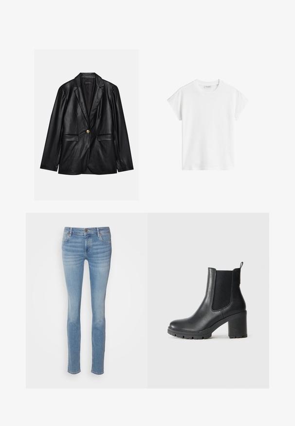 Svart skinnblazer med klaffkrage, en enkelt gullknapp-lukking, to frontlommer og glatt finish. Innertrekket er mørkt.; Hvit kortermet t-skjorte laget av bomull. Har en avslappet passform med rund halslinning og lett senkede skuldersømmer. Ingen mønstre eller detaljer.; Lyseblå skinny jeans laget av denim, med et klassisk fem-lomme-design, middels høyde på livet, og subtil fading langs beina.; Sorte lær ankle boots med elastiske sidepaneler, tykk gummisåle og høy blokkhæl. Har en løfletapp bak.