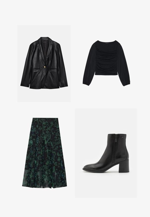 Must musta blazeri, millel on narmastega krae, üks kuldne nupulukk, kaks esist pockets ja sile viimistlus. Sisemine vooder on tume.; Must mustaga, millel on ees ja randmetel kokku tõmmatud kangadetailid, valmistatud pehmest ja venivast materjalist ning paadi kaelusega.; Must have mustriga mustroomi lilla roheline lilleline muster, millel on frillied servad ja voldid. Valmistatud kergetest kangast, pakkudes voogavat siluetti.; Mustad mustad saapad, valmistatud siledast nahast, külgmise tõmblukuga. Omab teravat nina ja tekstuuriga plokkninat stabiilsuse tagamiseks.