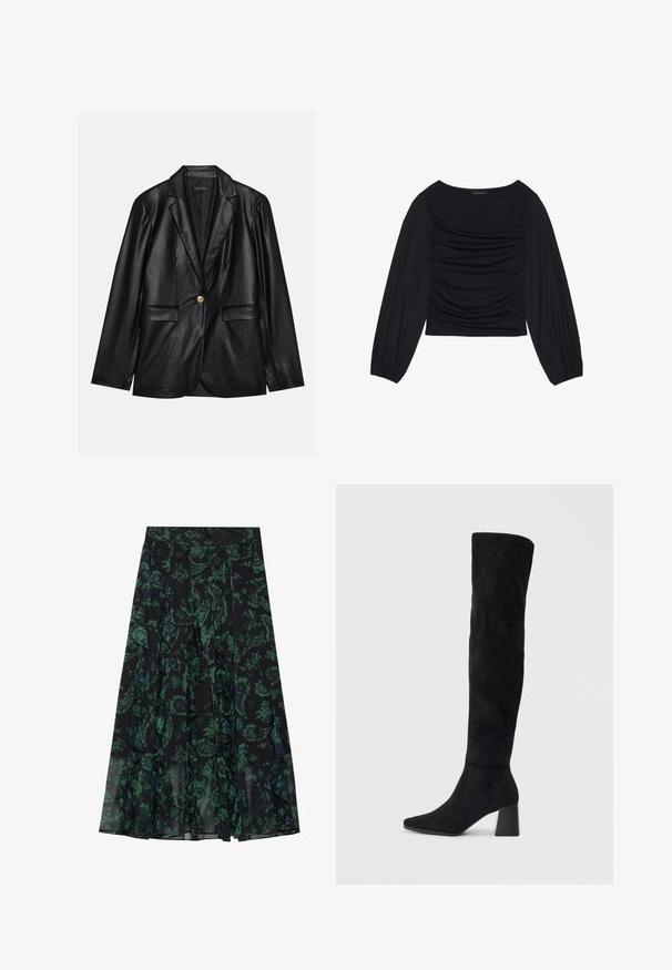 Mustapitsin takki, jossa on viiksikäänteet, yksittäinen kultaknoppi, kaksi etutaskua ja sileä pinta. Sisävuori on tumman värinen.; Musta pitkähihainen paita, jossa on kyynärpäissä ja edessä rypytetty kangasdetalji. Valmistettu pehmeästä, joustavasta materiaalista ja avokorcista kaula-aukosta.; Mustat hameet, joissa on vihreä kukkakuosi, rypistettyjen reunusten ja laskosten kanssa. Valmistettu kevyestä kankaasta, tarjoaa virtaavan siluetin.; Musta samettinen polvipitkä saapas, jossa on lohkarekorko, terävä nilkka ja sileä, saumatonta muotoilua tasaisella vaalealla taustalla.