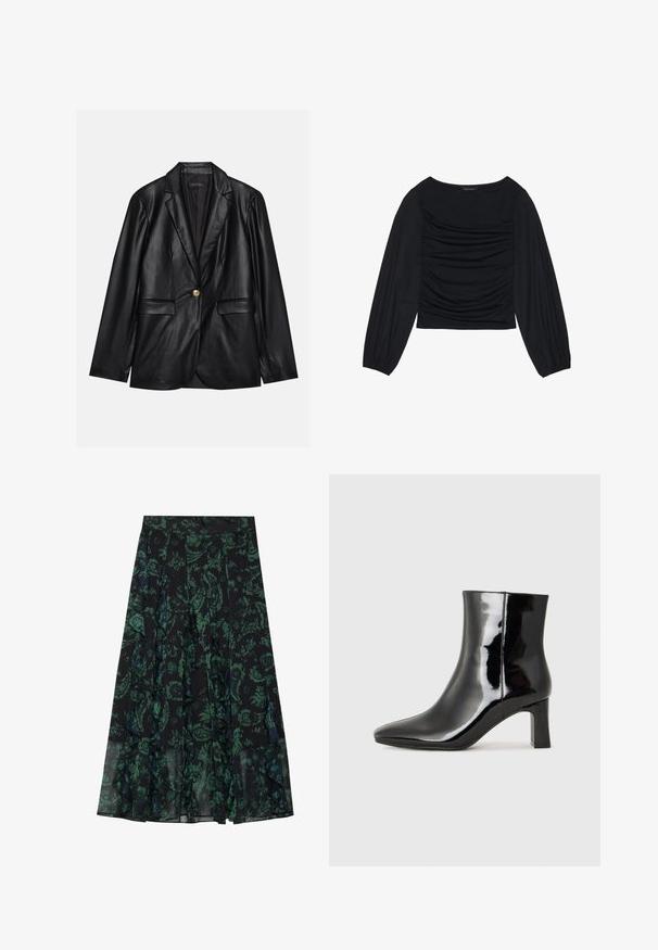 Melnas ādas žakete ar ieliektām atlokām, vienu zelta pogu aizdari, divām priekšējām kabatām un gludu apdari. Iekšējā odere ir tumša.; Melna garā piedurkne tops ar savilktām auduma detaļām priekšā un pie plaukstām, izgatavots no mīksta, elastīga materiāla ar laivu kakla izgriezumu.; Melnā svārku ikona ar zaļiem ziedu rakstiem, kas piedāvā volānu maliņas un krokojumus. Izgatavota no viegla auduma, nodrošinot plūstošu siluetu.; Melnas patentētas ādas potīšu zābaki ar norādītu pirkstu un vidēja augstuma kvadrātveida papēdi. Gluda tekstūra un minimālisma dizains.