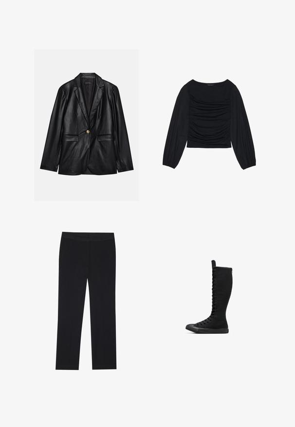 Svart skinnblazer med klaffkrage, en enkelt gullknapp-lukking, to frontlommer og glatt finish. Innertrekket er mørkt.; Svart langermet topp med rynket stoffdetalj foran og ved håndleddene, laget av mykt, elastisk materiale med båthals.; Sorte bukser med rette ben, med sidelommer og en glat stoffeksur. Minimal detaljer, ren linning.; Svarte høye kanvasstøvler med rund tå, glidelåslukking og snøring foran. Har en teksturert overflate og gummisåle.