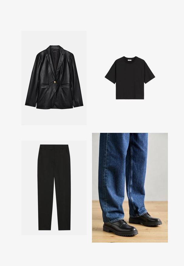 Zwarte leren blazer met een opstaande revers, sluiting met één gouden knoop, twee voorzakken en een gladde afwerking. Binnenvoering is donker.; Zwarte katoenen t-shirt met korte mouwen, een ronde hals en een ontspannen pasvorm. Gladde textuur en eenvoudig ontwerp zonder patronen of versieringen.; Zwarte broek met een tailormade ontwerp, voorzien van zijzakken en een rechte pijp. Gemaakt van een soepele, lichte stof met een strakke afwerking.; Zwarte leren schoenen met een ronde neus, vetersluiting en een dikke, gestructureerde rubberen zool, gecombineerd met losse blauwe denim jeans.