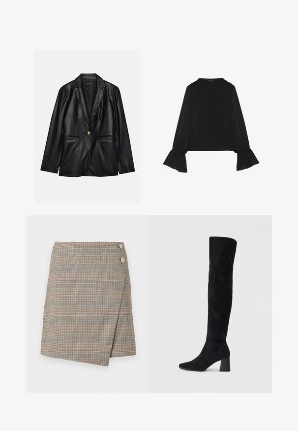 Must musta blazeri, millel on narmastega krae, üks kuldne nupulukk, kaks esist pockets ja sile viimistlus. Sisemine vooder on tume.; Mustsärgid musta tooniga, pika varrukaga, flöödid käised, pehme tekstuur ja vabalt langev lõige, lihtsa ümaraga kaelusega.; Hallhalline hallvormiga seelik, millel on oranžid, pruunid ja kreemjad jooned. Omab kahe suurt nupuvajutust vööl ning puhas lõpp.; Must must ümberpööratud musta nahast põlve kõrgune saapad blokknõelaga, terava varbaga ja sujuva, õmblusteta disainiga, asetatud heledale taustale.