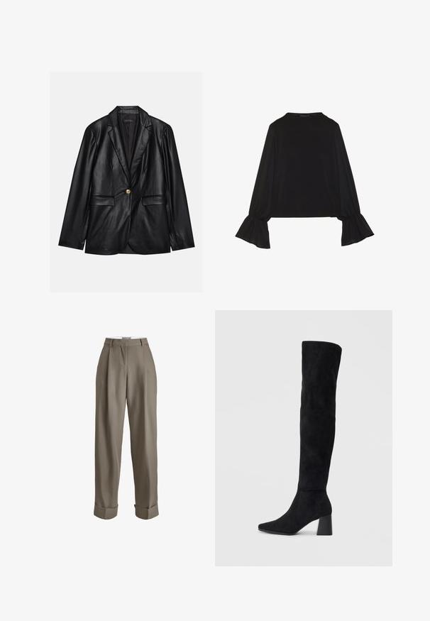 Melnas ādas žakete ar ieliektām atlokām, vienu zelta pogu aizdari, divām priekšējām kabatām un gludu apdari. Iekšējā odere ir tumša.; Melna garām piedurknēm krekls ar izplestu aproču, maigu tekstūru un brīvu piegriezumu, ar vienkāršu apaļu dekoltē.; Taupe augstās jostas bikses, plašas kājas, ar krokām, ar apgaitēm ap apakšējām malām un gludu auduma tekstūru. Nav redzamu aizdaru.; Melna zamšāda līdz ceļiem, ar blokveida papēdi, norādītu purngalu un gludu, bezšuvju dizainu uz vienkārša gaiša fona.