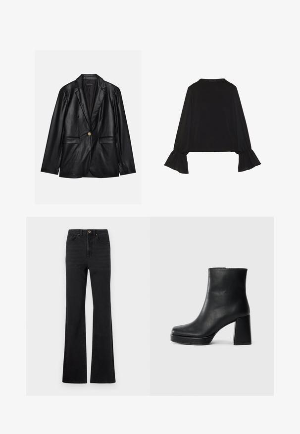 Blazer em couro preto com lapela recortada, fecho de um único botão dourado, dois bolsos frontais e acabamento suave. O forro interior é escuro.; Top preto de mangas longas com punhos largos, textura suave e um corte descontraído, com um simples decote redondo.; Calças de ganga pretas de cintura alta com botão frontal, passantes para cinto e pernas ligeiramente largas, em fundo branco.; Bota de couro preta até ao tornozelo com salto bloco e sola com plataforma, vista de lado sobre um fundo branco liso.
