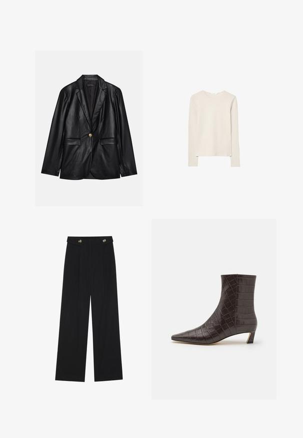 Sort læderblazer med klapkrave, enkelt guldknaplukning, to forlommer og glat finish. Inderlinningen er mørk.; Lys beige langærmet top lavet af blød stof, med rund halsudskæring og en afslappet pasform med lige kant og minimal syning detaljer.; Sorte vide bukser med høj talje, knapdetaljer på taljebåndet og frontfald.; MICHAEL Michael Kors COSMO KITTEN BOOTIE - Støvletter - chocolate