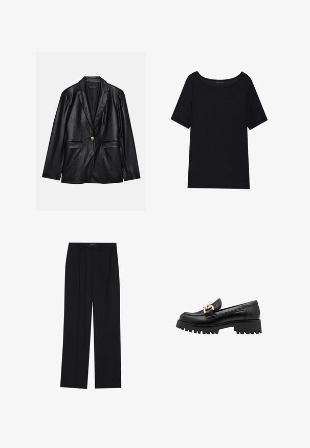 Sacou din piele neagră cu rever ascuțit, închidere cu un singur nasture auriu, două buzunare frontale și finisaj neted. Captuseala interioară este de culoare închisă.; Tricou negru cu mânecă scurtă și guler larg. Confecționat dintr-un material moale și ușor. Design simplu, fără modele sau accente.; Pantaloni negri cu un design drept, dotati cu doua buzunare frontale si un talie. Fabricati dintr-un material usor si neted.; Loafer din piele neagră, cu o talpă din cauciuc masivă, având un accent decorativ din lanț aurit pe partea din față. Textură netedă, cu vârful rotunjit.