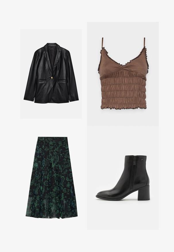 Černý kožený blazer s klopami, jedním zlatým zapínáním, dvěma předními kapsami a hladkým povrchem. Vnitřní podšívka je tmavá.; Hnědý zkrácený top vyrobený z měkké látky, s nabíraným designem, nastavitelnými ramínky a volánkovými okraji s černými akcenty.; Černá sukně s zeleným květinovým vzorem, s volány a záhyby. Vyrobena z lehkého materiálu, který poskytuje volný siluetu.; Černé kotníkové boty z hladké kůže se zipem na boku. Mají špičatou špičku a texturovaný blokový podpatek pro stabilitu.