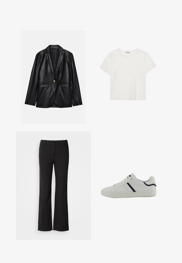 Črni usnjeni blejzer z izrezanim ovratnikom, enojnim zlatim gumbom, dvema sprednjima žepoma in gladko površino. Notranja podloga je temna.; Bela kratkotrajna majica s kratkimi rokavi, narejena iz mehke bombažne tkanine. Ima okroglo ovratnico in sproščen kroj. Čist dizajn brez vidnih vzorcev ali akcentov.; Črne hlače iz bombažne mešanice s ravnim krojem, sprednim gumbom in dvema stranskima žepoma. Gladek teksturiran material, brez vidnih vzorcev.; Bela sintetična teniska obutev z nizkim profilom, ki ima mornarsko modre diagonale, perforacije na strani in teksturiran gumijast podplat.