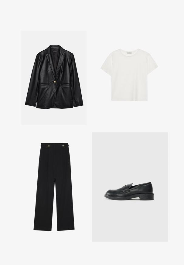 Svart skinnblazer med klaffkrage, en enkelt gullknapp-lukking, to frontlommer og glatt finish. Innertrekket er mørkt.; Hvit T-skjorte med kort erm laget av myk bomull. Har rund hals og avslappet passform. Rent design uten synlige mønstre eller aksenter.; Svart vide bukser med høy midje, knappdetaljer på midjebåndet og frontplisser.; Sorte skinnloafere med rund tå, sydd detaljer og en liten hæl. Glatt tekstur og en fleksibel gummisåle.