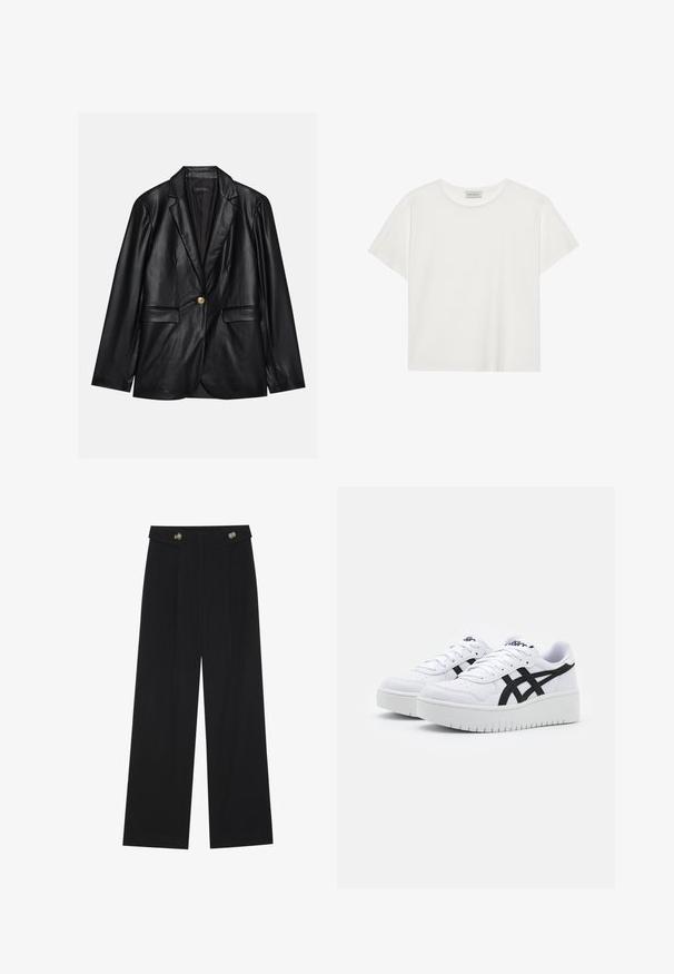 Must musta blazeri, millel on narmastega krae, üks kuldne nupulukk, kaks esist pockets ja sile viimistlus. Sisemine vooder on tume.; Valge lühikeste varrukatega t-särk, mis on valmistatud pehmest puuvillast. Omab ümmargust kaelust ja mugavat lõiget. Puhtad jooned, ilma nähtavate mustrite või aktsentideta.; Mustad laiad püksid kõrge vöökoha ja nööpdetailidega vööandil, esikortsudega.; Valged tossud tekstureeritud pinnaga, mustade külgtriipudega ja paksu valge tallaga. Omavad paeltega kinnitamist ja logo keele peal.