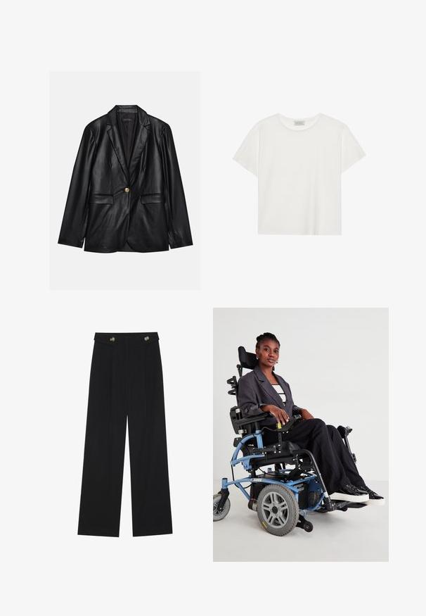 Black leather blazer with a notched lapel, single gold button closure, two front pockets, and smooth finish. Inner lining is dark.; White short-sleeve T-shirt made of soft cotton. Features a round neckline and relaxed fit. Clean design with no visible patterns or accents.; Black wide-leg trousers with high waist, button details on waistband, and front pleats.; Electric wheelchair with blue frame, black seat, and gray wheels. User wears a gray blazer and black striped pants, seated confidently.