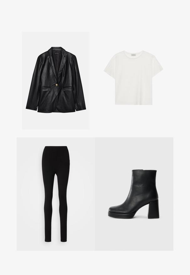 Blazer em couro preto com lapela recortada, fecho de um único botão dourado, dois bolsos frontais e acabamento suave. O forro interior é escuro.; T-shirt branca de manga curta feita de algodão macio. Apresenta um decote redondo e um corte descontraído. Design limpo sem padrões ou detalhes visíveis.; Leggings pretos com um corte justo, cintura alta e tecido liso. Sem costuras ou padrões visíveis, com um design simples e minimalista.; Bota de couro preta até ao tornozelo com salto bloco e sola com plataforma, vista de lado sobre um fundo branco liso.
