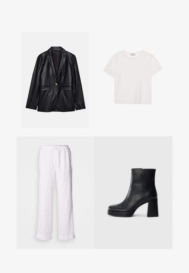 Black leather blazer with a notched lapel, single gold button closure, two front pockets, and smooth finish. Inner lining is dark.; White short-sleeve T-shirt made of soft cotton. Features a round neckline and relaxed fit. Clean design with no visible patterns or accents.; White linen pants with a relaxed fit, elastic waistband, and drawstring. Features straight legs and rolled hems for a casual look.; Black leather ankle boot with a block heel and platform sole, viewed from the side on a plain white background.