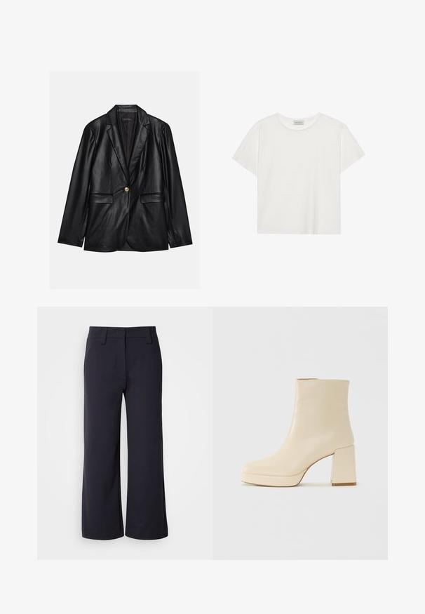 Czarna skórzana marynarka z klapami, pojedynczym zapięciem na złoty guzik, dwoma kieszeniami z przodu i gładkim wykończeniem. Podszewka jest ciemna.; Biała koszulka z krótkim rękawem wykonana z miękkiej bawełny. Posiada okrągły dekolt i luźny krój. Czysty design bez widocznych wzorów czy akcentów.; Spodnie o szerokich nogawkach w ciemnonawowym materiale. Posiadają płaski przód, szlufki na pasek oraz kieszenie boczne. Materiał jest gładki z lekkim streczem.; Beżowe skórzane botki za kostkę na niskim obcasie z platformą, o gładkim wykończeniu i lekko kwadratowym nosku, skierowane w lewo na białym tle.