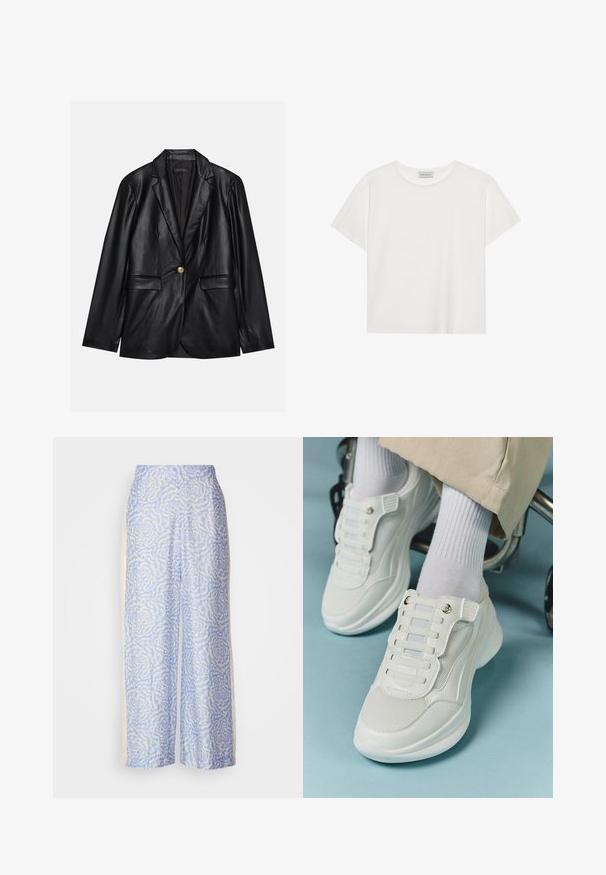 Black leather blazer with a notched lapel, single gold button closure, two front pockets, and smooth finish. Inner lining is dark.; White short-sleeve T-shirt made of soft cotton. Features a round neckline and relaxed fit. Clean design with no visible patterns or accents.; Light blue wide-leg pants featuring a textured floral pattern in white. Made from soft fabric with a smooth finish and a high waist design.; White sneakers featuring a mesh material, rubber sole, lace-free design with elastic bands, and gold-toned accents.