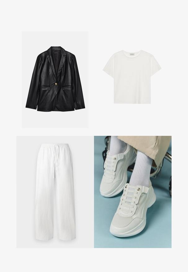 Black leather blazer with a notched lapel, single gold button closure, two front pockets, and smooth finish. Inner lining is dark.; White short-sleeve T-shirt made of soft cotton. Features a round neckline and relaxed fit. Clean design with no visible patterns or accents.; White wide-leg trousers with an elastic waistband and drawstring. Made of lightweight fabric with a smooth texture. No patterns or accents.; White sneakers featuring a mesh material, rubber sole, lace-free design with elastic bands, and gold-toned accents.
