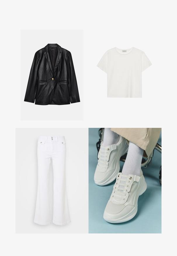 Blazer em couro preto com lapela recortada, fecho de um único botão dourado, dois bolsos frontais e acabamento suave. O forro interior é escuro.; T-shirt branca de manga curta feita de algodão macio. Apresenta um decote redondo e um corte descontraído. Design limpo sem padrões ou detalhes visíveis.; Calças flare brancas feitas de denim, com uma cintura alta, dois bolsos frontais e detalhes em botão prateado sobre um fundo simples.; Tênis brancos com material em rede, sola de borracha, design sem atacadores com faixas elásticas e detalhes em tom dourado.